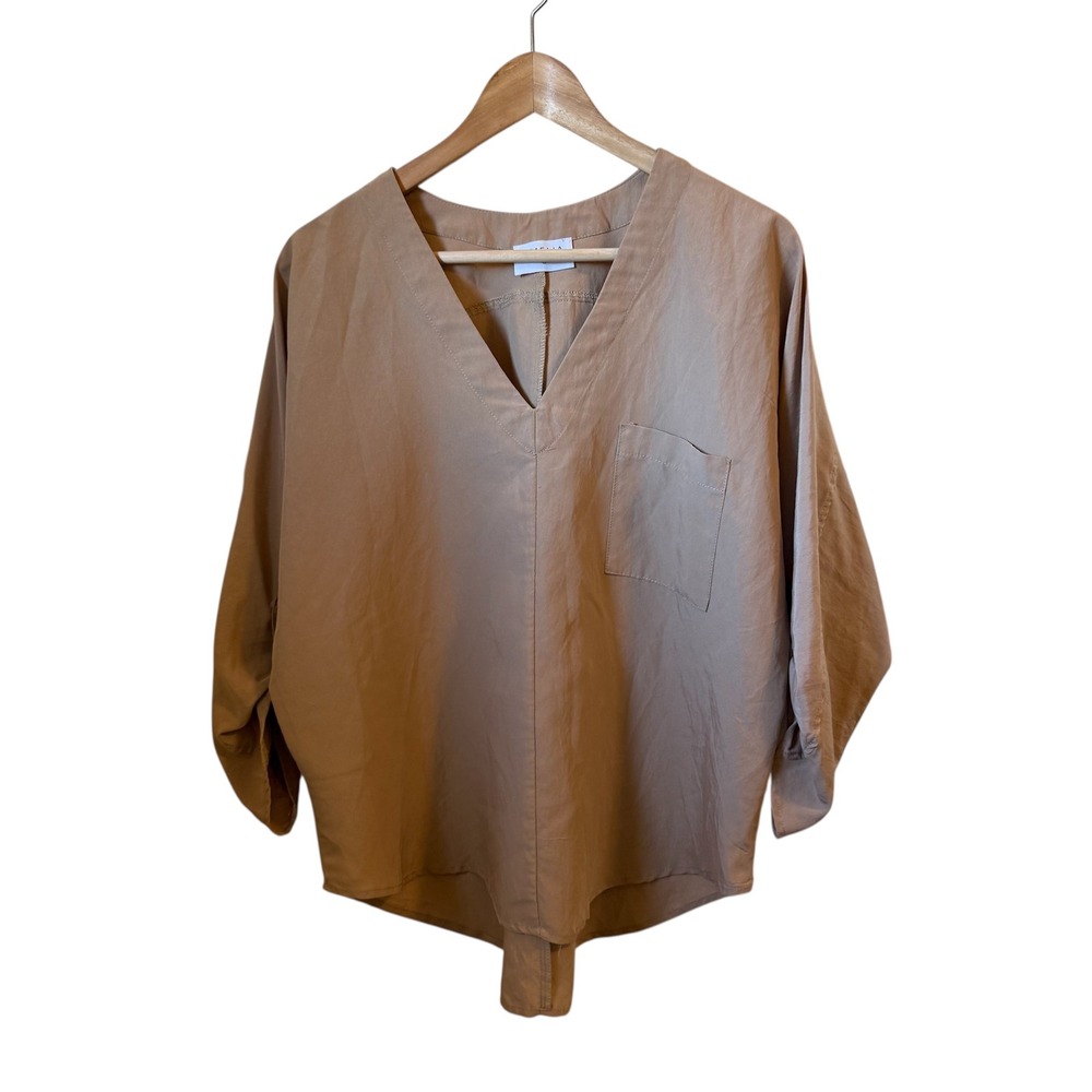 EMELIA Women's Tan V-Neck 3/4‎ Sleeve Pocket Tunic Top Size S
